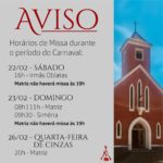 Horário de missa no carnaval e na quarta-feira de cinzas na Paróquia do Indaiá