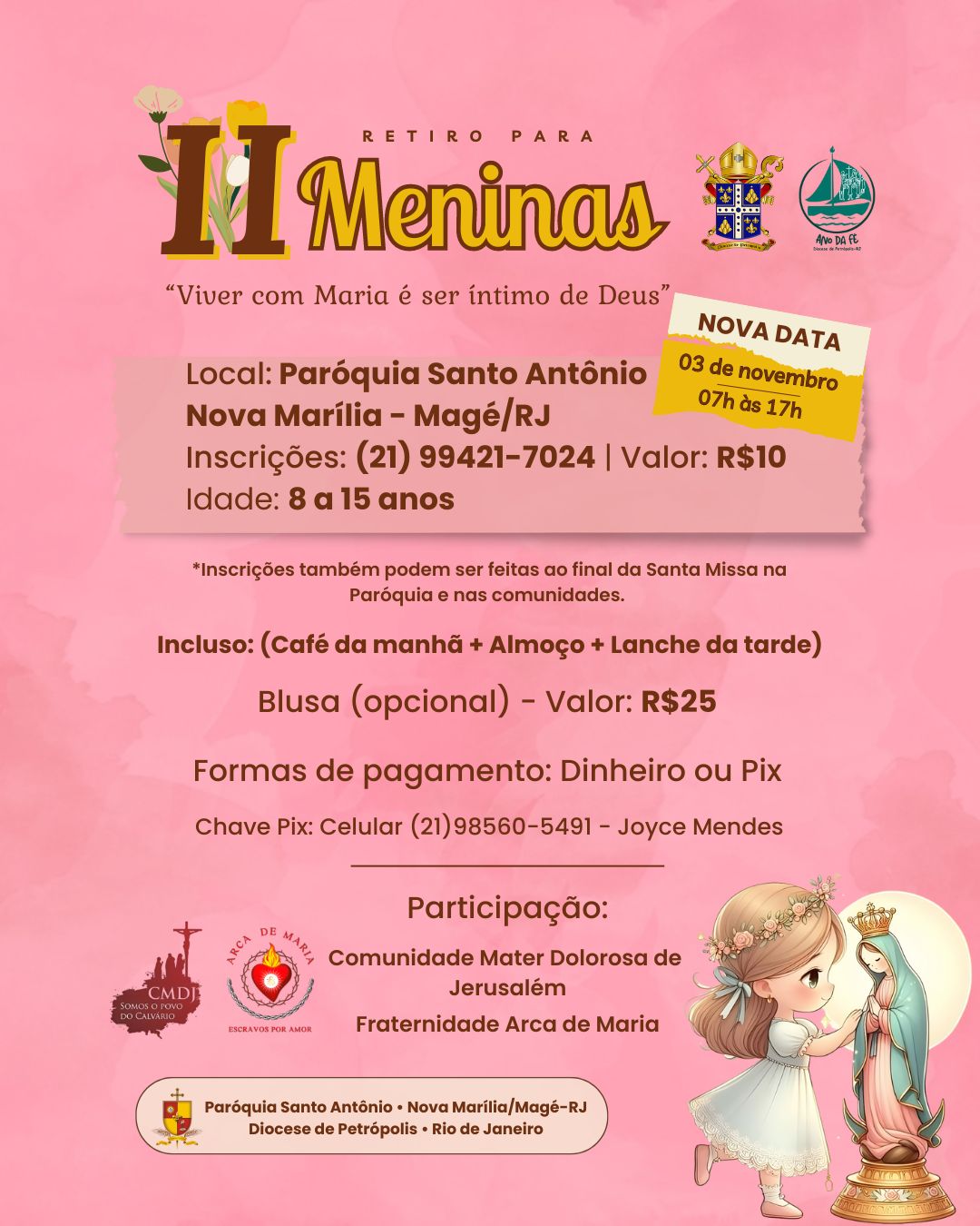 Retiro para meninas na Paróquia Santo Antônio em Magé será no dia 3 de novembro